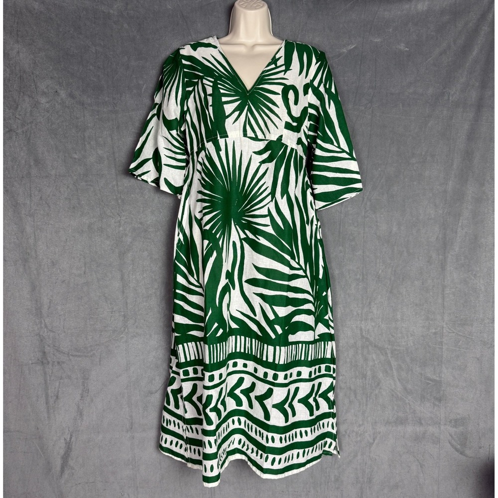 Lapogee Linen Midi Dress M NWT Green WhiteFlare Sleeve Abstract Boho Summer